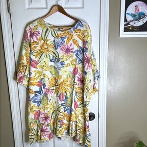 Floral 100% Linen Made in Italy Yellow and Pink Oversized Tunic Dress
